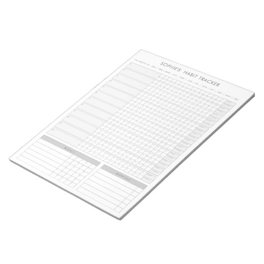 Monatlicher Habit-Tracker - Minimalistischer graue Notizblock (angewinkelt)
