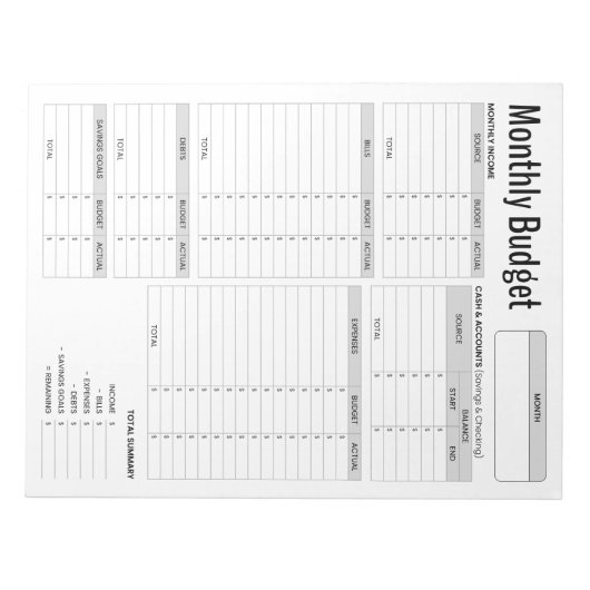 Monatlicher Haushalt Notizblock (Vorderseite)