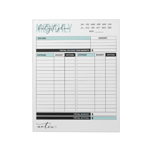 Monatlicher Haushaltplan für Einnahmen und Ausgabe Notizblock (Rotiert)