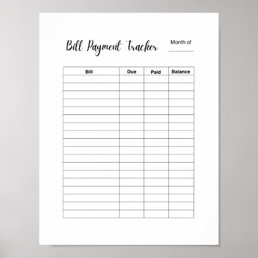 Monatlicher Rechnungszahlungs-Tracker-Log Poster (Vorne)