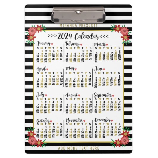 Monatskalender 2024 Blumenmuster | Benutzerdefinie Klemmbrett (Vorderseite)