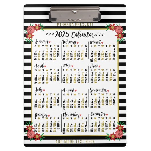 Monatskalender 2025 Blumenmuster | Custom Klemmbrett (Vorderseite)