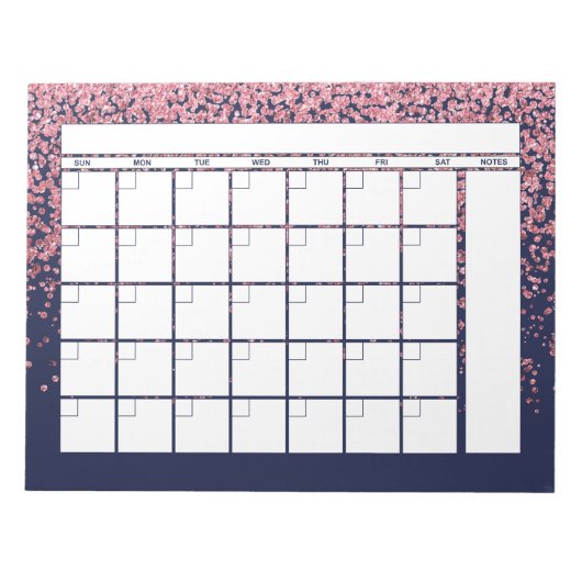 Monatskalender Navy Blue Blush Pink Glitzer Notizblock (Vorderseite)