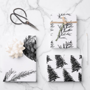 Monchrom Winter Christmas Tree Branch Cones Geschenkpapier Set
