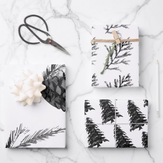 Monchrom Winter Christmas Tree Branch Cones Geschenkpapier Set (Vorderseite)