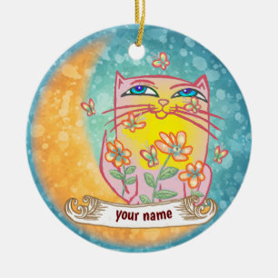 Mond Blumen Katze Keramik Ornament