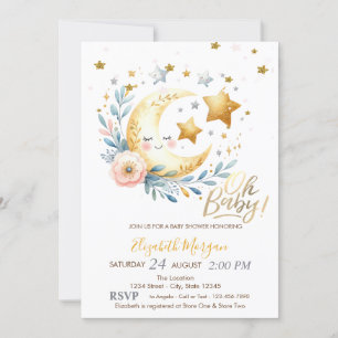 Mond Blumen Sterne Babyparty Einladung