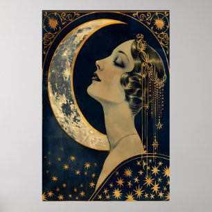 Mond Lady Art Deco Druck Himmel Vintage Wand Poster