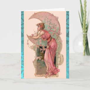 MOND LADY, BLUMEN UND ROSEN, ROSA BLAUER DAMAST KARTE
