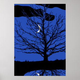 Mond mit Baum, Kobalt Blau, Schwarz und Weiß Poster