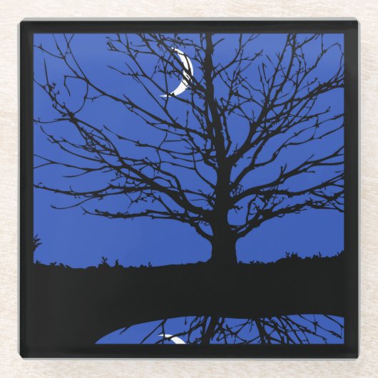 Mond mit Baum, Kobalt-Blau, Schwarzweiss Glasuntersetzer (Vorderseite)