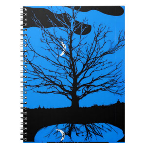 Mond mit Baum, Kobalt-Blau, Schwarzweiss Notizblock
