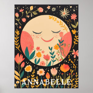 Mond Nachthimmel Boho Floral Illustration Vorname Poster