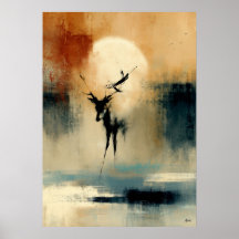Mond Shika japanische Sumi-E abstrakte Hirsche Wan