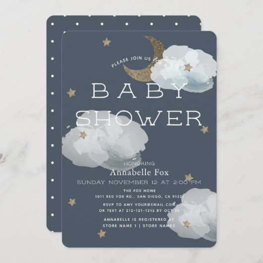 Mond, Stars & Clouds Navy Baby Shower Einladung (Vorne/Hinten)