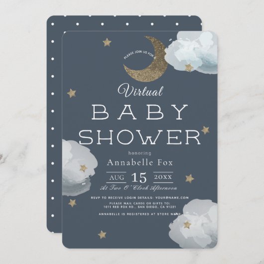 Mond, Stars & Clouds Navy Virtual Baby Dusche Einladung (Vorne/Hinten)