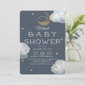 Mond, Stars & Clouds Navy Virtual Baby Dusche Einladung (Stehend Vorderseite)