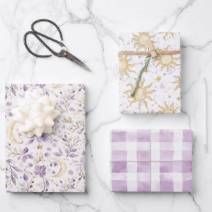 Mond Sterne & lila Blumen Baby Shower Geschenkpapier Set