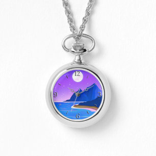 Mond, Sterne Meer und Berge in Violet und Blau Armbanduhr