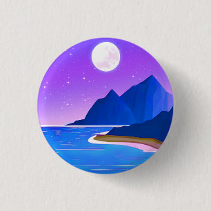 Mond, Sterne Meer und Berge in Violet und Blau Button