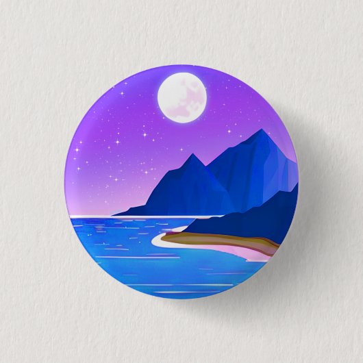 Mond, Sterne Meer und Berge in Violet und Blau Button (Vorderseite)