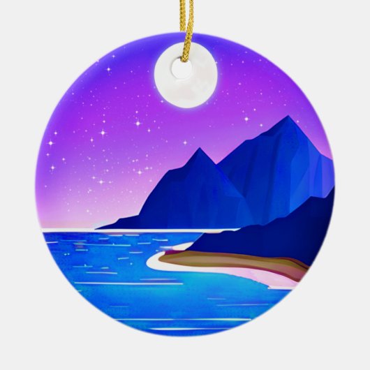 Mond, Sterne Meer und Berge in Violet und Blau Keramik Ornament (Vorne)
