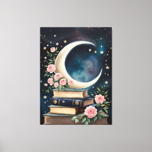 Mond, Sterne, Rose und Bücher Leinwanddruck