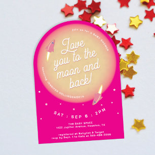 Mond, Sterne und Raketen Rosa Babyparty Einladung