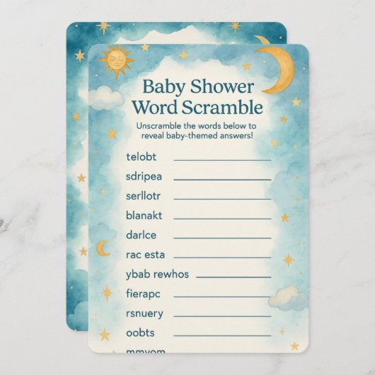 Mond, Sterne & Whimsical Word Scramble Baby Dusche Einladung (Vorne/Hinten)