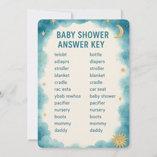 Mond, Sterne & Whimsical Word Scramble Baby Dusche Einladung (Rückseite)