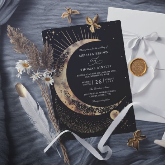 Mond Sternennacht Boho Budget QR-Code Hochzeit Einladung