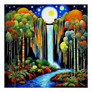 Mond über Wasserfall Poster
