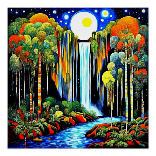 Mond über Wasserfall Poster (Vorderseite)