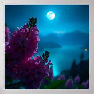 Mond und Blumen Nachtlandschaft Mondlicht Floral Poster