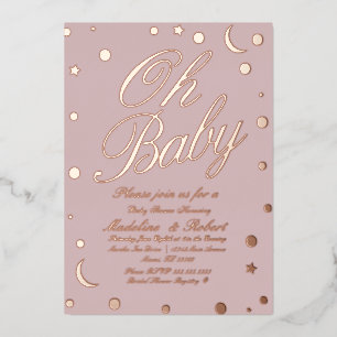 Mond und Punkte Konfetti Baby Shower Rosa geprägt  Folieneinladung