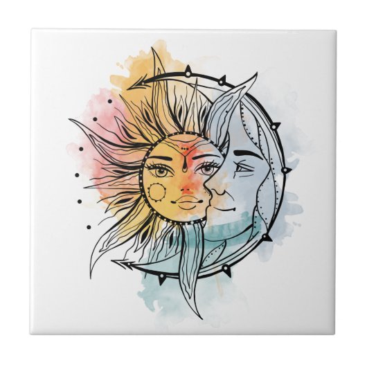 Mond und Sonne. Vintage Tattoo-Illustration Fliese (Vorderseite)