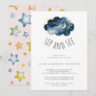 Mond und Stars Baby Girl Sip und sehen Einladung