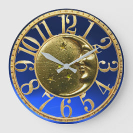 MOND UND STARS Gold Yellow Blue Große Wanduhr