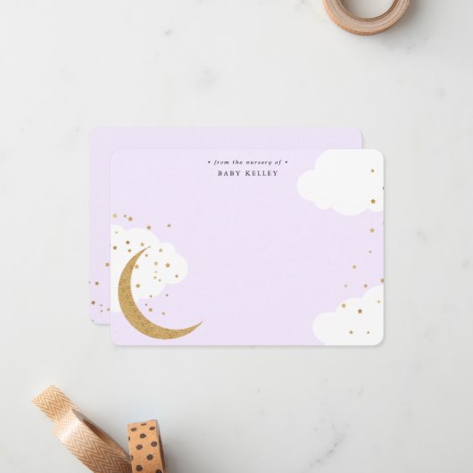 Mond und Stars, Lila Personalisiertes Baby Mitteilungskarte (Vorderseite/Rückseite Beispiel)