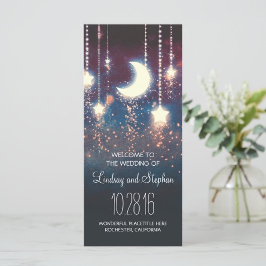 Mond und Stars rustikales Hochzeitsprogramm Programm (Stehend Vorderseite)