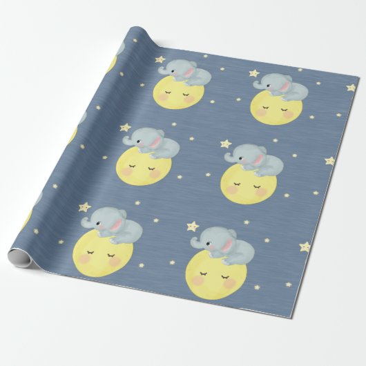 Mond und Sterne mit Niedlicher Elefantenbabydusche Geschenkpapier (Ungerollt)