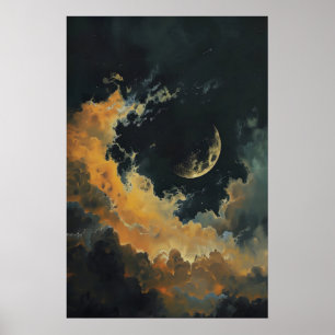 Mond- und Sterne-Wanddekoration, dunkler Halbmond Poster