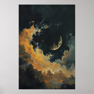 Mond- und Sterne-Wanddekoration, dunkler Halbmond Poster