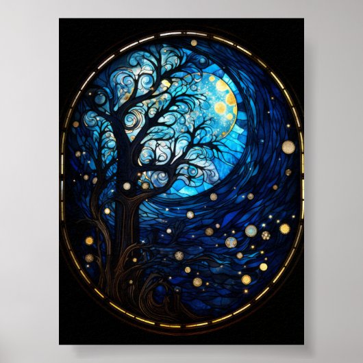 Mondbeglanzter Baum-Buntglas-Himmels-Kunst Poster (Vorne)