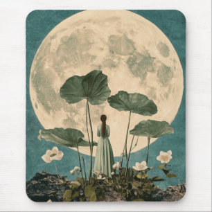 Mondbeglückte Ruhe – Vintage-Lotos-Szene Mousepad