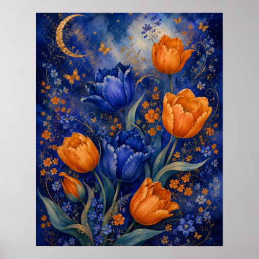 MONDBESCHEINTER BLauer BERNSTEINFARBE TulpenGARTEN Poster (Vorne)