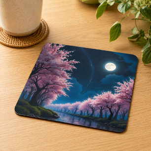 Mondbeschienene Anime-Landschaft mit Kirschblüten Rechteckiger Pappuntersetzer