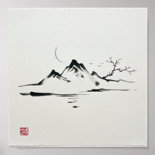 "Mondbeschienene Berge: Sumi-e-Landschaft" Poster