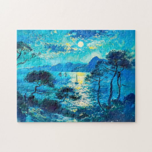 Mondbeschienene Bucht mit Booten Impressionistisch Puzzle (Horizontal)