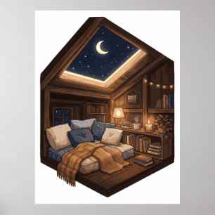 Mondbeschienene gemütliche Leseecke in einer Hütte Poster
